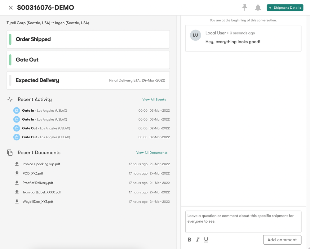 PGL Shipment Visibility demo